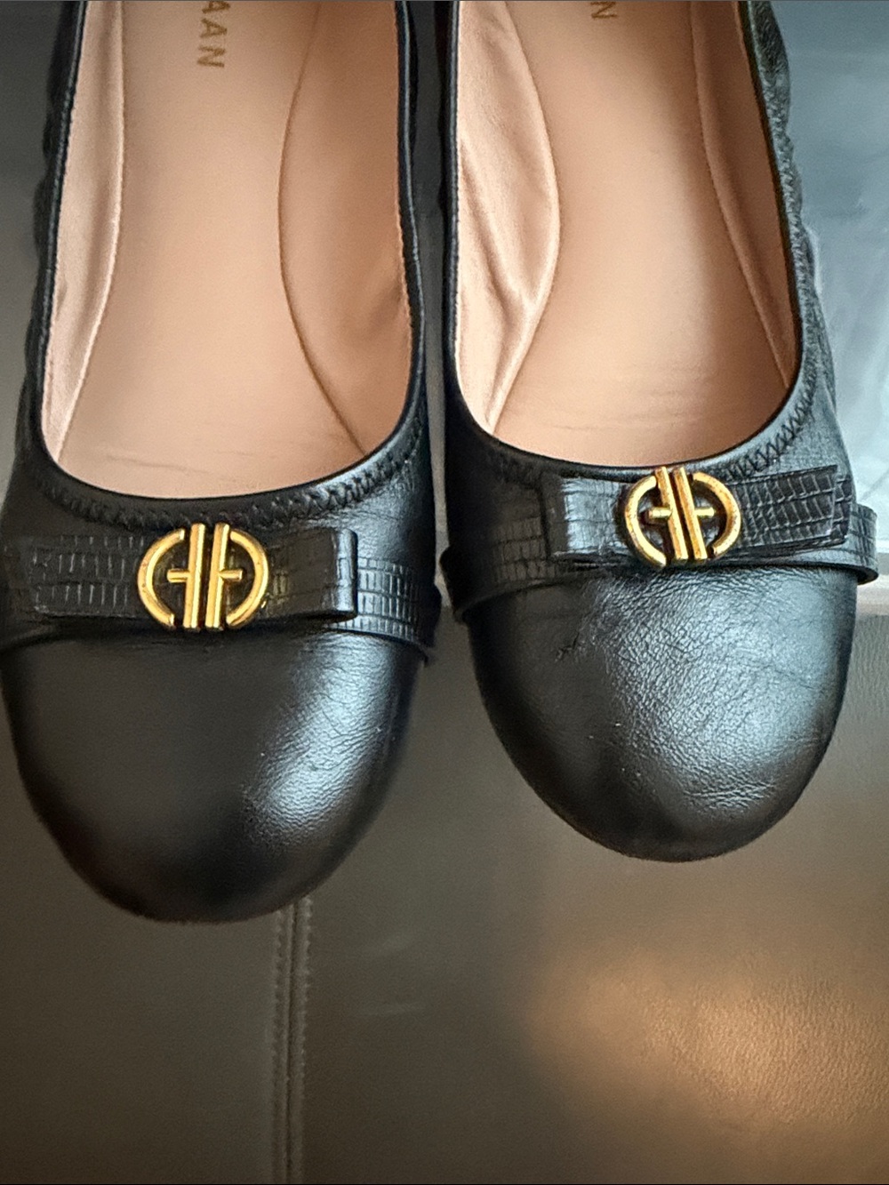 Cole Haan Black Leather Ballet Flats with Gold Double-H Logo - Picture 4 of 10